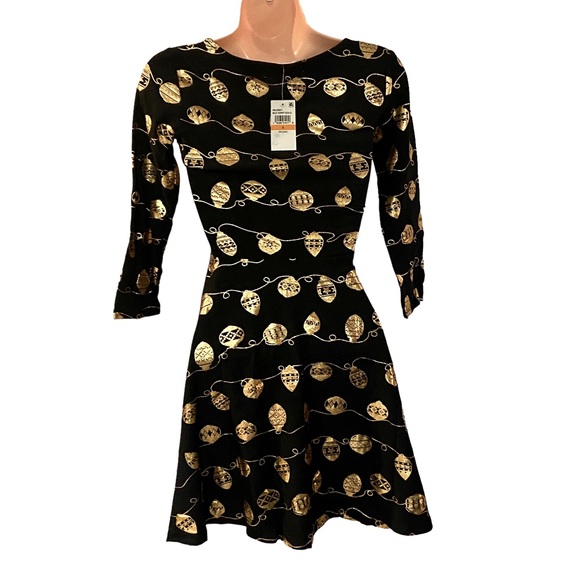 X-Mas Ornament Dress Gold Foil Black T-Shirt Dress Skater Short Fit & Flare Mini - Picture 5 of 11